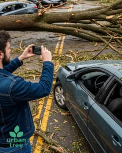 Person documents car and tree damage after a storm in Minneapolis.
