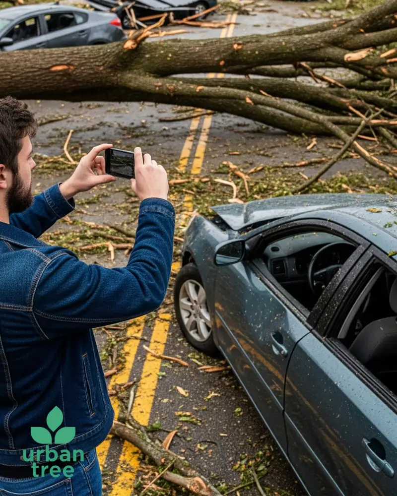 man photographing a storm-felled tree resting on a damaged car to document the damage for an insurance claim