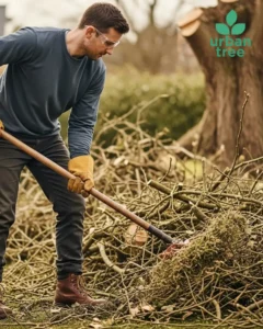 Man wearing safety glasses and gloves raking tree debris.