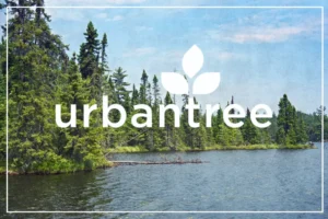 Minnesota trees bordering a calm lake under a partly cloudy sky, with the "urbantree" logo overlaid.