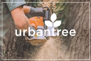 A close-up shot shows a person's gloved hands operating a chainsaw, actively cutting into a tree trunk, with sawdust flying. The large white "urbantree" logo is overlaid on the image, emphasizing professional and reliable tree cutting services in Minneapolis, in contrast to unreliable "cheap" companies.