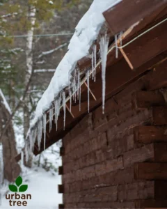 Ice buildup along roofline of residential home