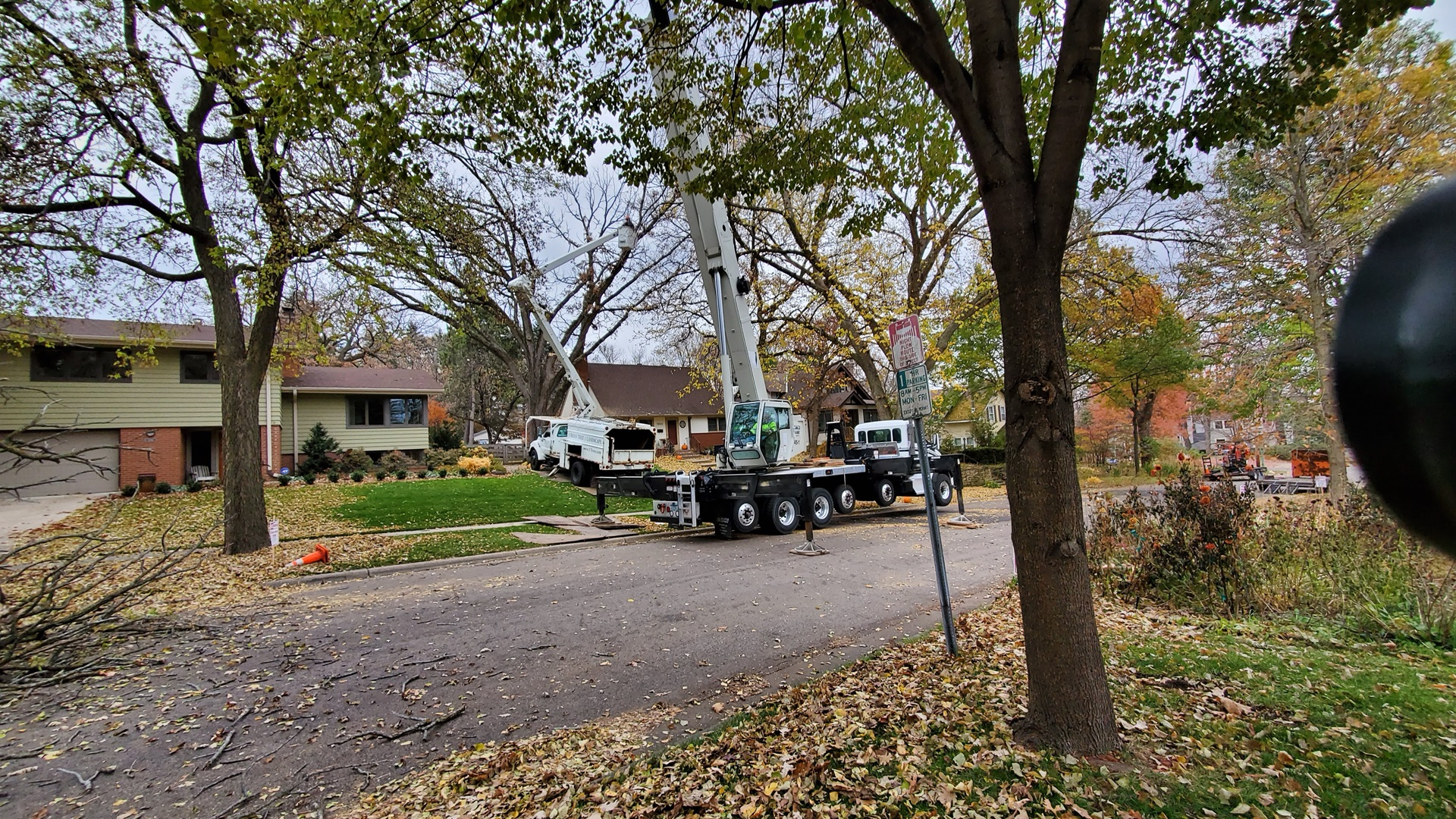 Mobile crane and bucket truck set up on a residential street for a tree removal in a Minneapolis suburb