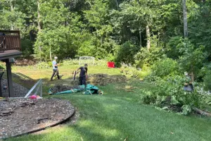 Crew clearing the last of the brush out of the yard, Plymouth