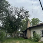 Crane lifting a cut crown section beside the chimney during tree removal at a Blaine home