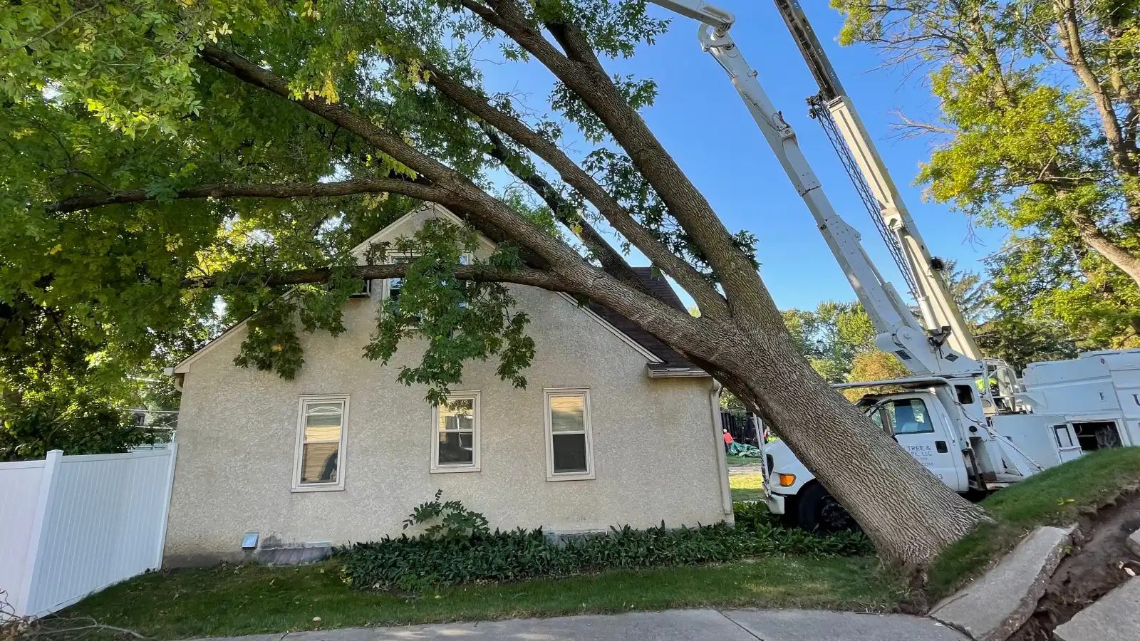 Large uprooted tree leaning across the roof of a stucco house with an Urban Tree boom truck set up alongside it